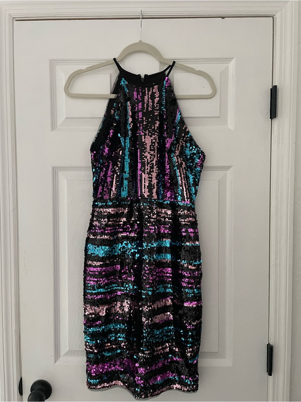 TFNC London Sequin Halter Dress - Iridescent Pink, Teal & Black